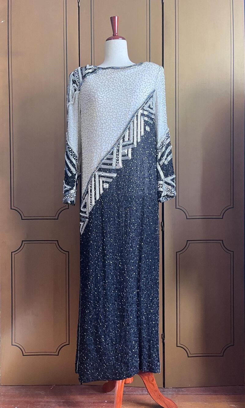 Vintage maxi silk dress with beads allover, art deco style, size M